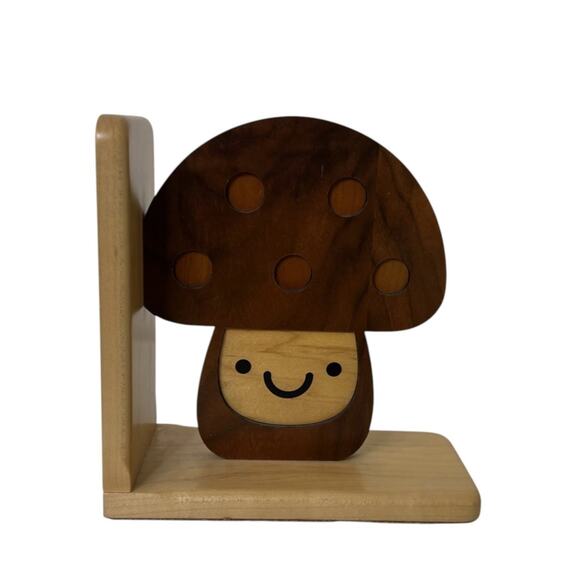 Graphic Spaces Mushroom Bookend Wood Smiling Face Kids Decor Handcrafted US - Picture 1 of 8